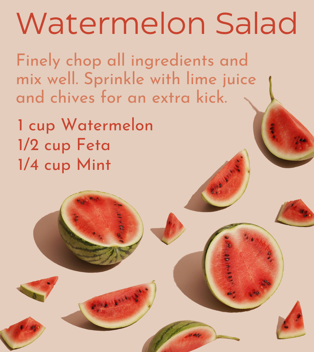 watermelon salad recipe, cut pieces of watermelon in varying sizes on a pink background. Recipe reads; 1 cup watermelon, 1/2 cup feta, and 1/4 cup mint, finely chop and sprinkle with lime juice and chives for an extra kick. 